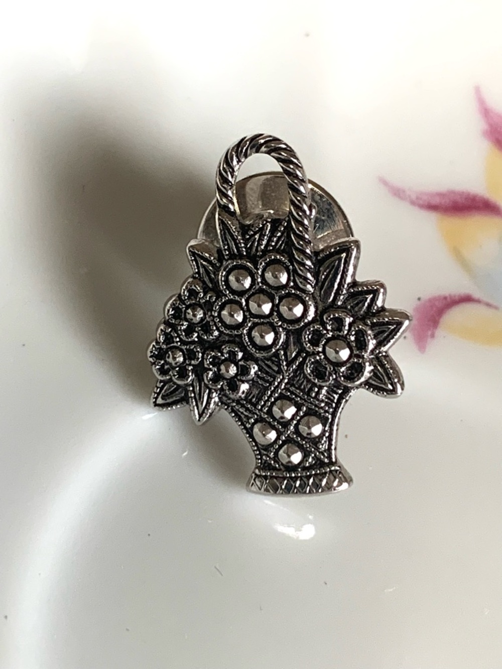Avon Silver Floral Basket Brooch Pin